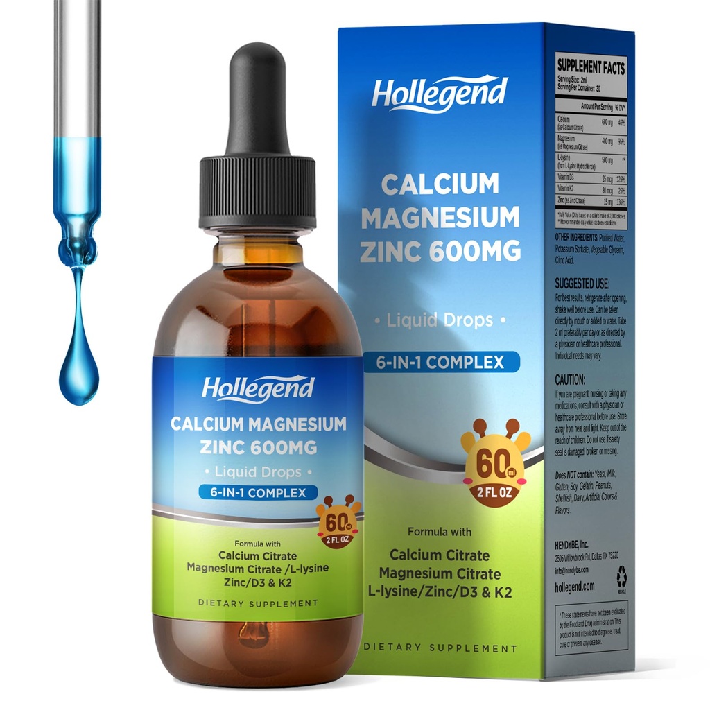 Liquid Calcium Citrate Drops with L-Lysine 500mg, Magnesium & Zinc, Calcium Citrate 600mg Supplement with Vitamin D3 & K2 for Kids & Adults, 2 Fl Oz
