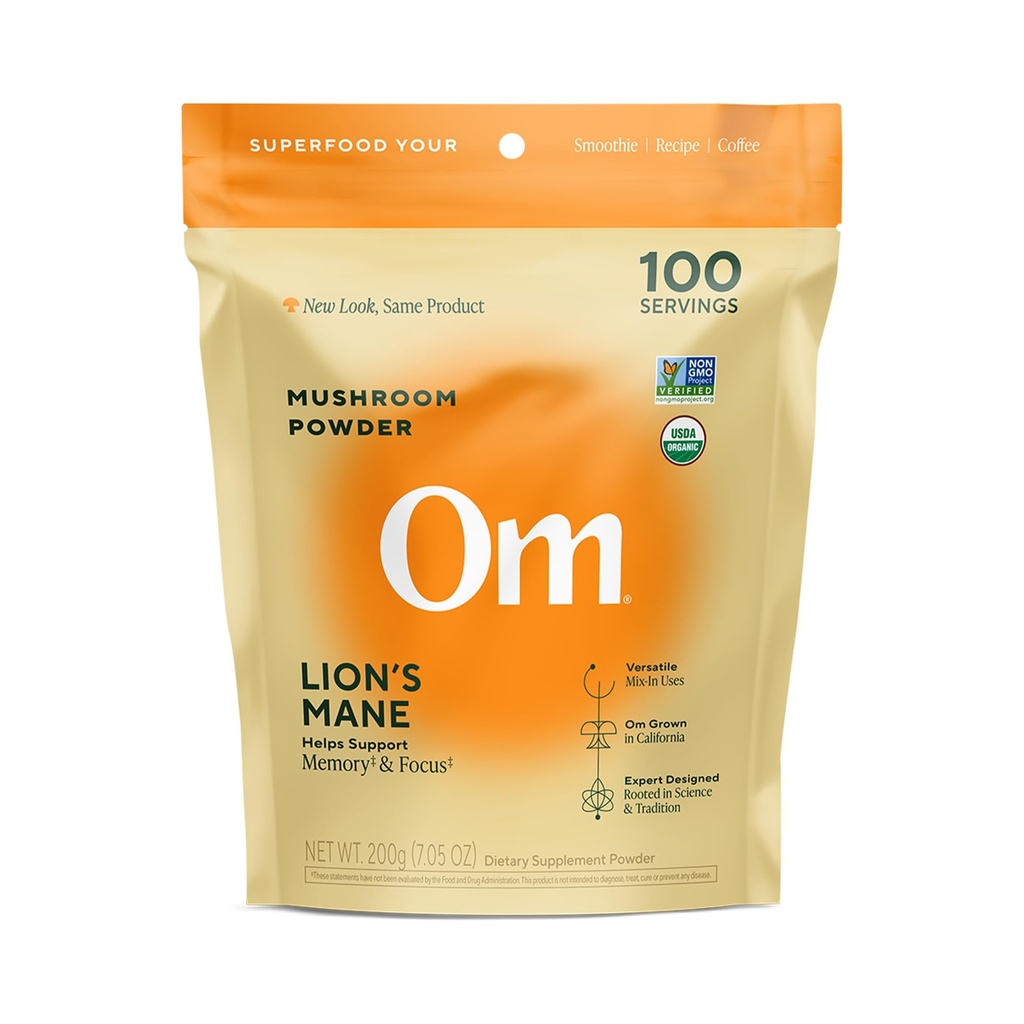 Om Lion 's Mane Mushroom Powder - Organic Mushroom Supplement and Nootropic - Wspomaganie pamięci, Focus and Nerve Health, 7.05 oz (100 Servings)