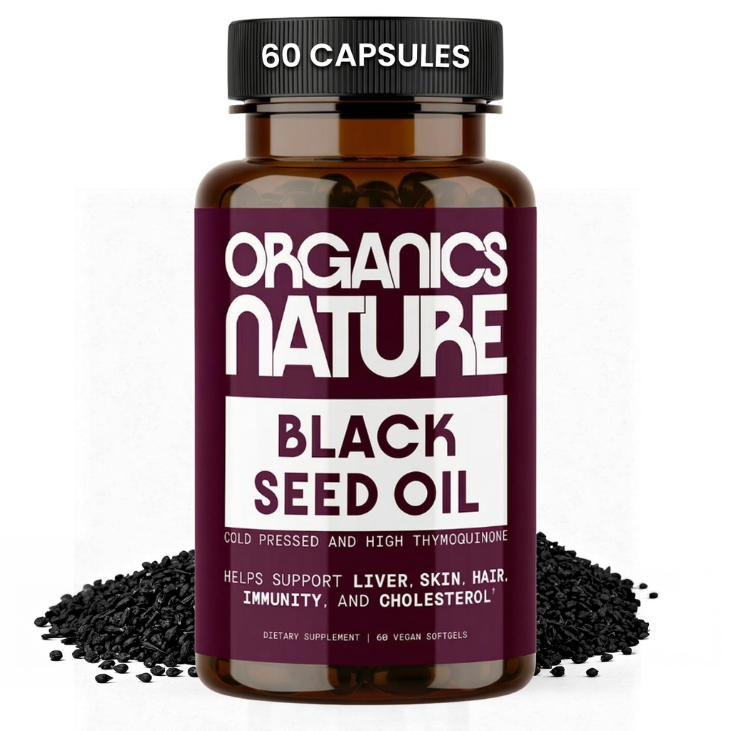 NATURA ORGANICS Czarny olej z nasion Kapsułki 1000MG Na serwowanie Wegan Softgels, Włosy, Skóra, i wsparcie serca, Nigella Sativa - 100% Cold Pressed Cmin Seed Oil kapsułki Wysokie Thymochinon, Omega 3