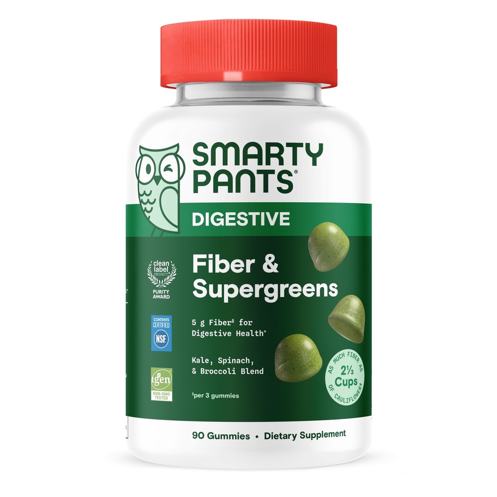 SmartyPants Fiber & Super Greens Gummies, Broccoli, Spinach, & Kale Blend to Support Gut Health, Prebiotic Fiber Gummies for Adults, Gluten Free, White Grape & Apple Flavor, 90 Count (30 Day Supply)
