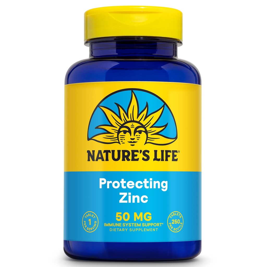 NATURE 'S LIFE Ochrona Cynk 50mg z 2,5 mg miedzi - Chelated Cynk Suplement do wsparcia immunologicznego, kości, Funkcje mięśni i Heart Health Support, 60- Day Guarantee, 250 Służb, 250 Tabletki