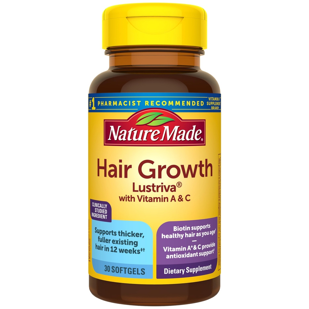 Nature Made Hair Growth Softgels, Clinically Studied Lustriva + Biotin, Vitamin C & A, Hair Growth Vitamins - Support Healthy Hair as You Age, 30 Softgels, 30 Day Supply