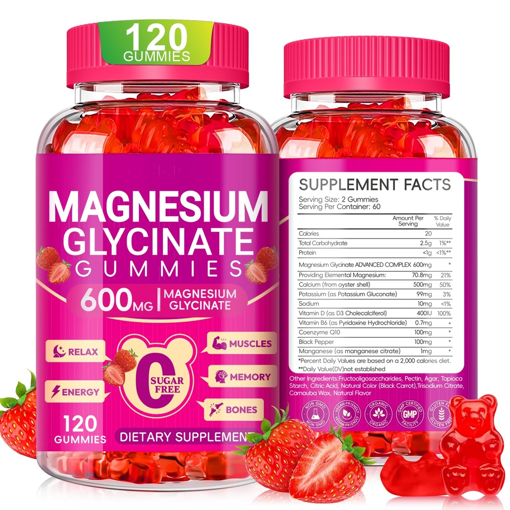 Magnezu Gummie Glicynian 600mg, Bezcukrowy Potas Gummie Magnezu Gummies z Magnezu Glucynian, Witamina D, B6 i CoQ10 dla snu, Relaks, Mózg i mięśnie, 60 Dni dostaw