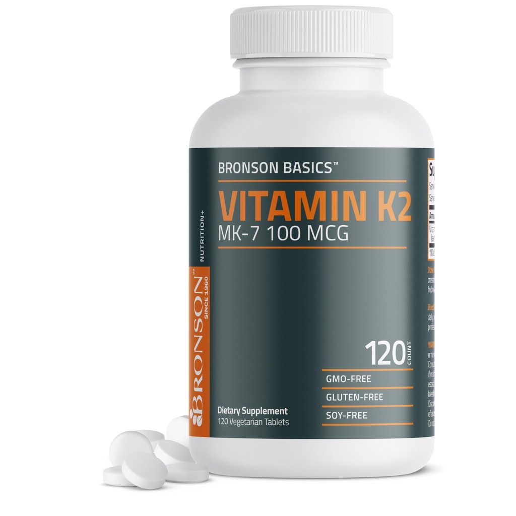 Witamina Bronson K2 MK- 7 100 MCG, K2 jako MK7 Menachinon, Non-GMO wsparcie kości, 120 tabletek