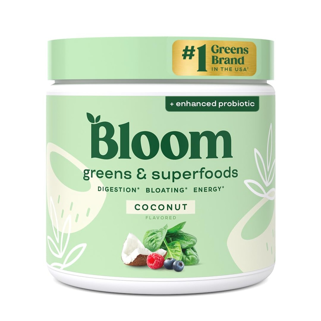 Bloom Nutrition Superfood Zielony proszek, Enzymy z probiotyki i prebiotyki, Gut Health, Bloating Relief dla kobiet, Chlorella, Zielony sok Mix z buraka korzeniowego proszek, 30 SVG, Kokosowy