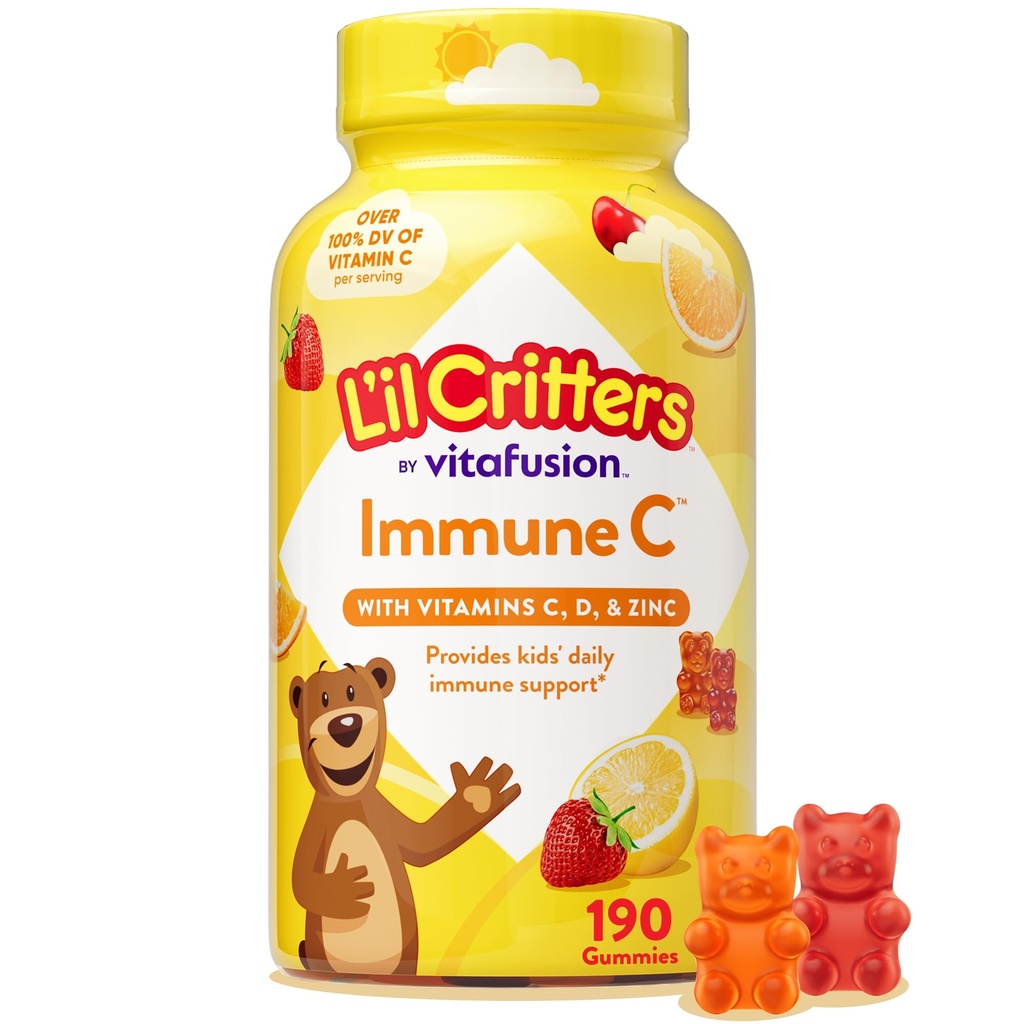 L 'il Critters Immune C Codzienne suplement gumowy Witamina dla dzieci, dla witaminy C, D i cynku dla wsparcia immunologicznego, Pomarańcza, Lemon, Truskawka i Cherry Flavors, 190 Gummies (Packaging May Vary)