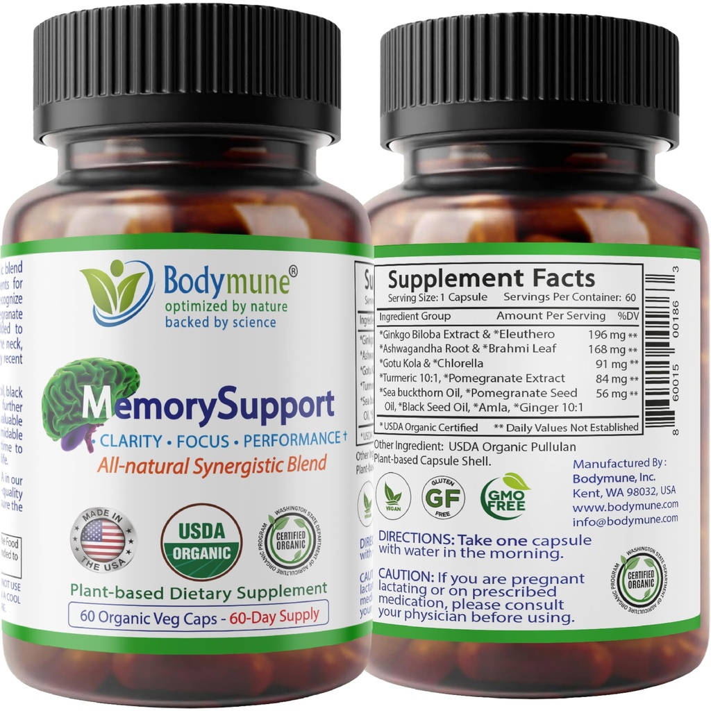 Bodymune MemorySupport Brain Health Formula | Supports Mental Clarity, Recall & Concentration* | USDA Organic Nootropic Blend with Ginkgo Biloba & Ashwagandha | 60 Vegan Caps | Made in USA