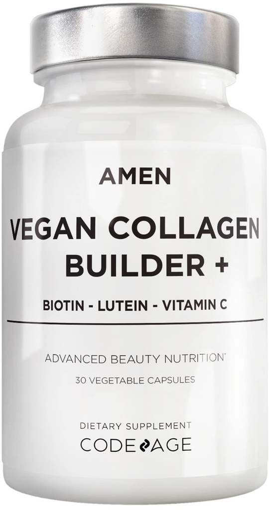 Amen Plant- Based Vegan Colagen Builder Supplement - Organic Whole Foods, Luteina, Witamina C, Biotin, Lyzyna, Proline Colagen Boosters - Organic Cranberry, Lemon, Truskawka - Raz dziennie - 30 Kapsułki