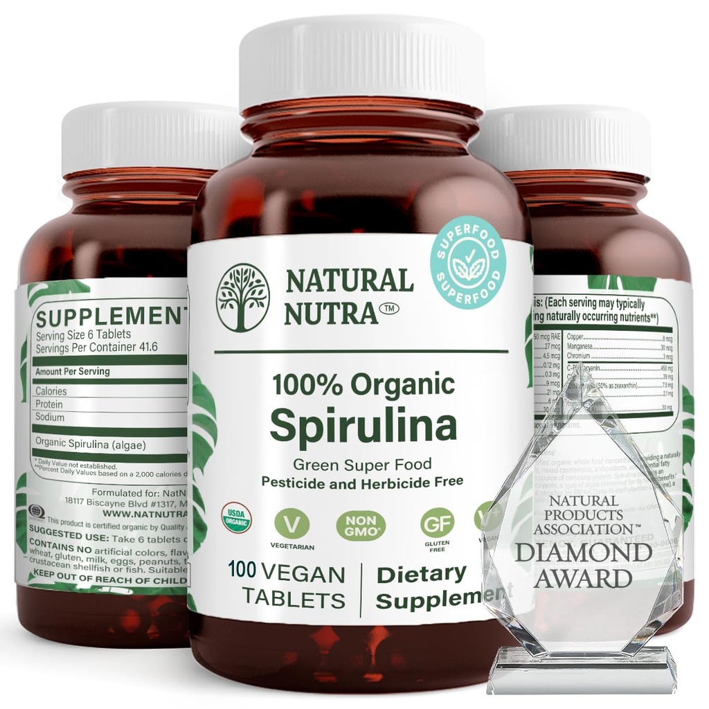 Natural Nutra 100% USDA Organic Spirulina Tablets, Pomaga utrzymać tkanki tłuszczowej ciała, Promotes wątroby Zdrowie, Promotes Immune System, Pomaga poprawić metabolizm, Promotes Immunitet, 300mg, 100 Vegan Tablets