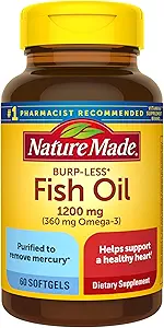 Nature Made Burp- mniej oleju rybnego 1200 mg, 60 Softgels, olej rybny Omega 3 Suplement do serca zdrowia (Opakowanie 3)