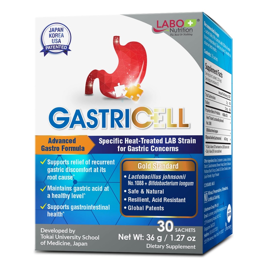 Labo Nutrition GASTRICELL - Refluks kwasowy, Heartburn, Powracające zaburzenia żołądkowe, Natural Defence Against Gastric Distress 30 saszetki