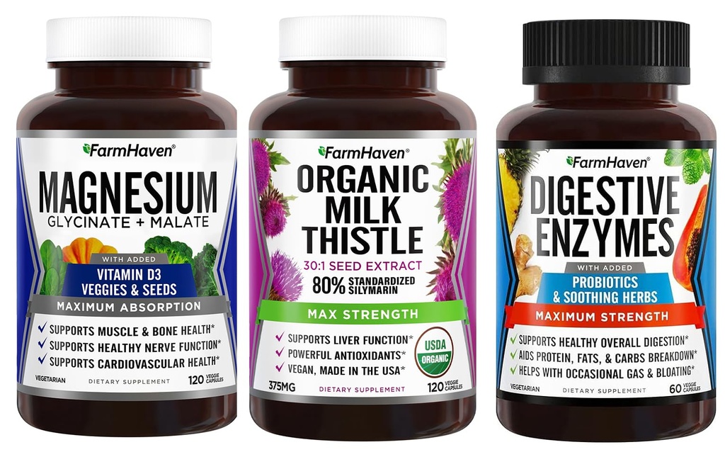 FarmHaven Magnezu Glycinate & Malate + Milk Thistle + Digestive Enzymes with Probiotics