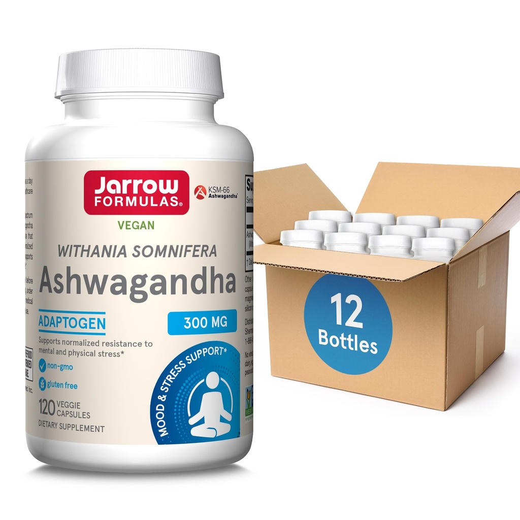 Jarrow Phillips Ashwagandha 300 mg - 120 Kapsułek wegetariańskich - Ogólny Zdrowie i Odporność na Zmęczenie - Suplement wspomaga wytrzymałość, Odzysk mięśni i Zdrowie Cognitive - 60 Służb (Opakowanie 12)