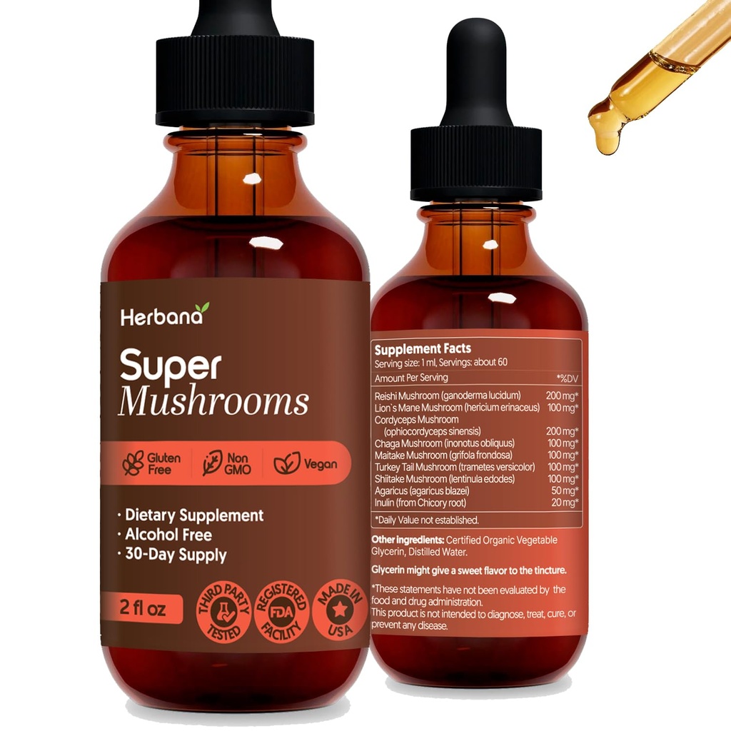 Super Grzyby 8- in1 - 2 fl Oz Liquid Extract - Brain Booster & Immune Support Drops - Reishi, Lwie 's Mane, Cordyceps, Chaga, Mitake, Turcja Ogony, Shiitake, Agaricus - Wysoka moc - 45- Day Supply