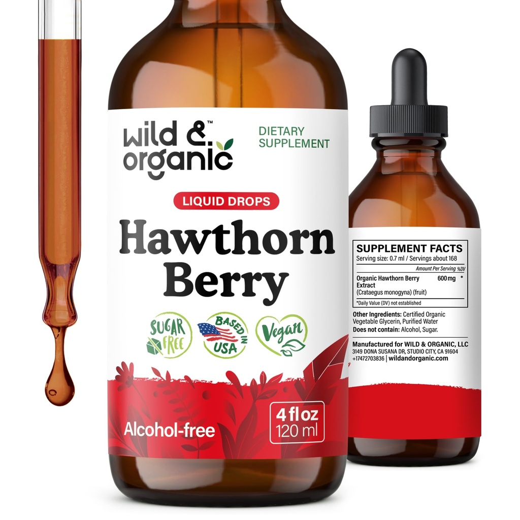 Wild & Organic Hawthorn Berry Tincture 600 mg - Liquid Hawthorne Berry Supplement for Total Support - Vegan, Sugar & Alcoholfree Fruit Extract Drops - 4 fl oz