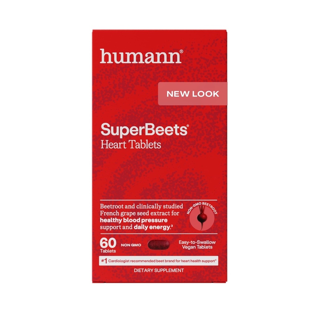 Humann SuperBeets Heart Tablets Smooth Coat 500mg - Proszek niezmodyfikowany genetycznie - Klinicznie badane przeciwutleniacze, 60