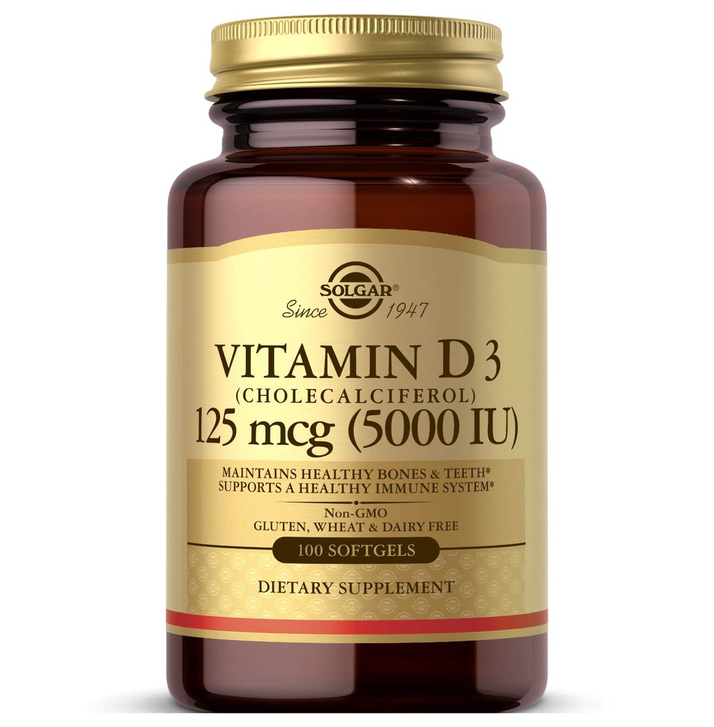 Witamina Solgar D3 (Cholecalciferol) 125 MCG (5000 j.m.), 100 Softgels - Pomaga utrzymać zdrowe kości i zęby - Wsparcie układu immunologicznego - Nie GMO, Gluten- Free, Dairy Free - 100 Sługi