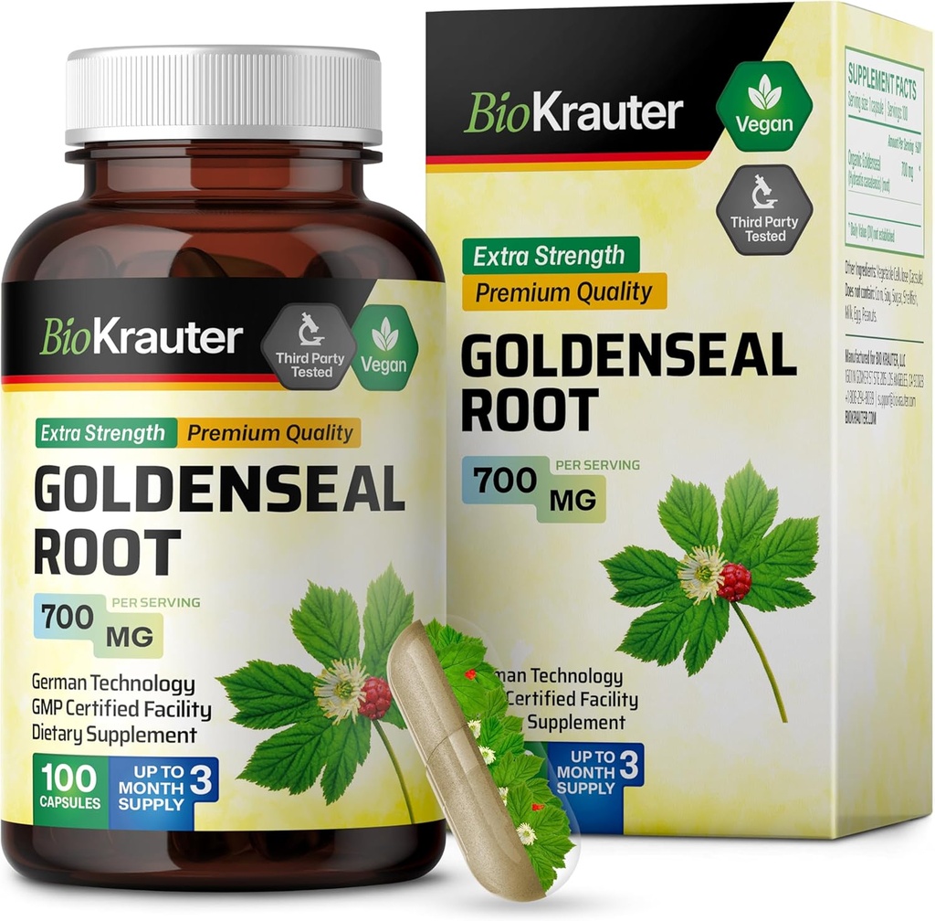 BIO KRAUTER Goldenseal Korzeń kapsułki 700 mg - 100 Złote Czapki z proszkiem uszczelniającym - Wsparcie dla układu oddechowego i pokarmu - Wegan, Brak Fillerów