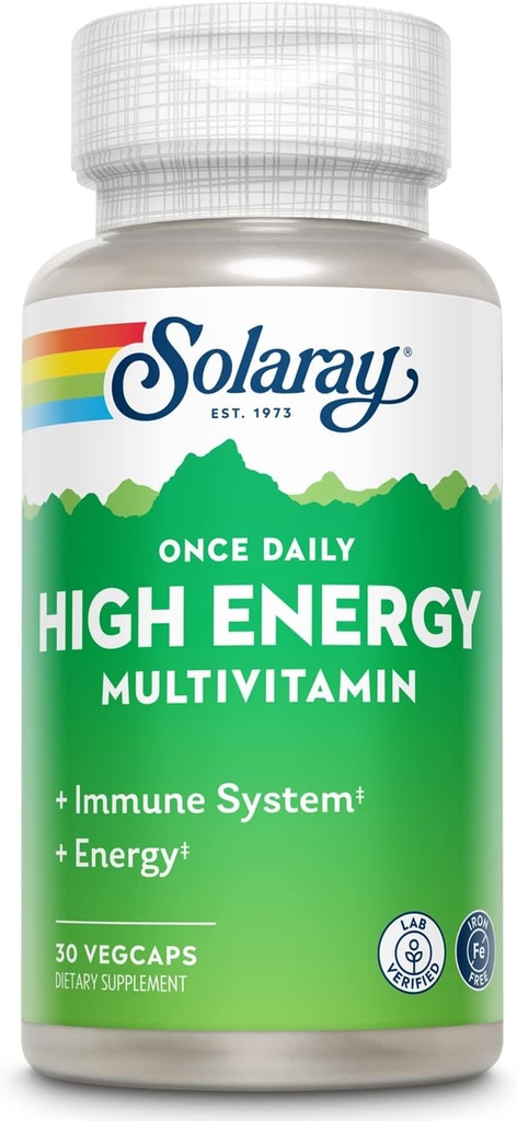 SOLARAY Raz dziennie wysokiej energii Multivitamina, Żelazo wolne, System immunologiczny i Wsparcie energii, Całe składniki żywności i Herb podstawy, Mens i kobiety multi witaminy (30 Służenie, 30 VegCaps)