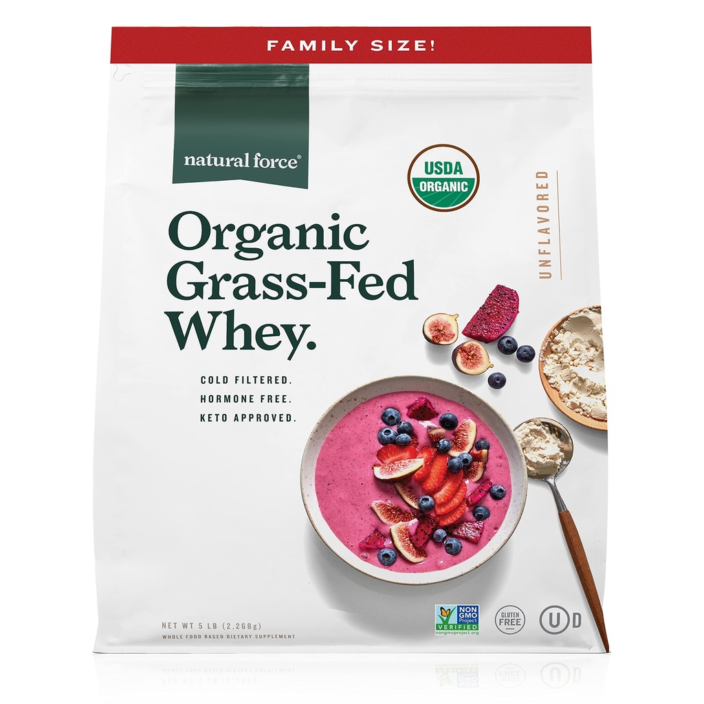 Natural Force Grass Fed Organic Whey Protein Powder - Nie GMO Zweryfikowane, Humane Certified & Lab Tested for Toxins - Pure & Unflavored - Keto Friendly, Low Carb i Kosher - 5 Funt A2 Protein