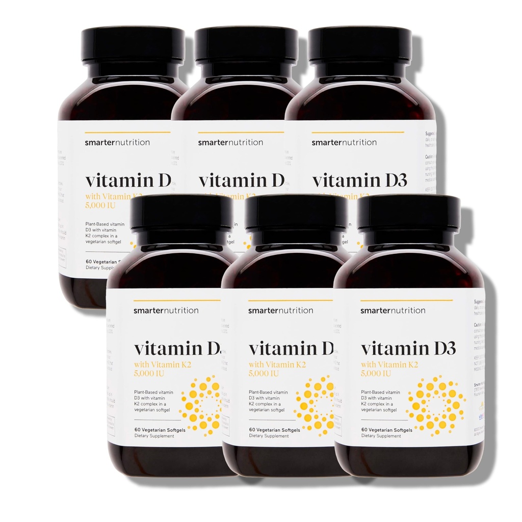 SMARTERNUTRITION Vegan Vitamin D3 5000 IU + Natural Vitamin K2 1100 mcg in Organic Coconut & Olive Oil - D3 K2 Supplement for Immune & Bone Support - 360 Softgels[180 Day Supply]