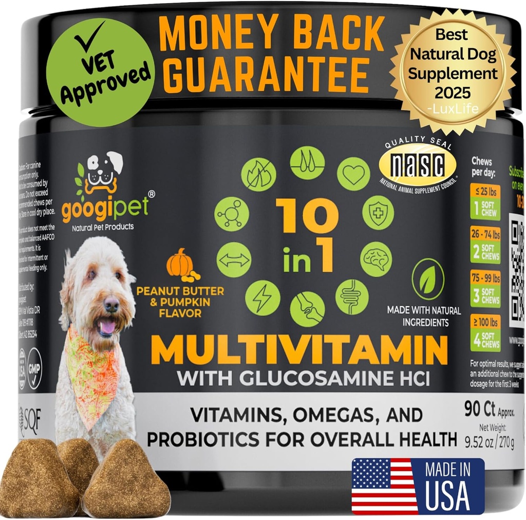 Googipet Premium 10 in 1 Dog Vitamin Multivitamin Chewable z probiotyki dla Gut Health, Dog Vitamin i suplementy w / Witamina C & Glukozamina do wspólnego wsparcia (Masło orzechowe i aromat dyni)