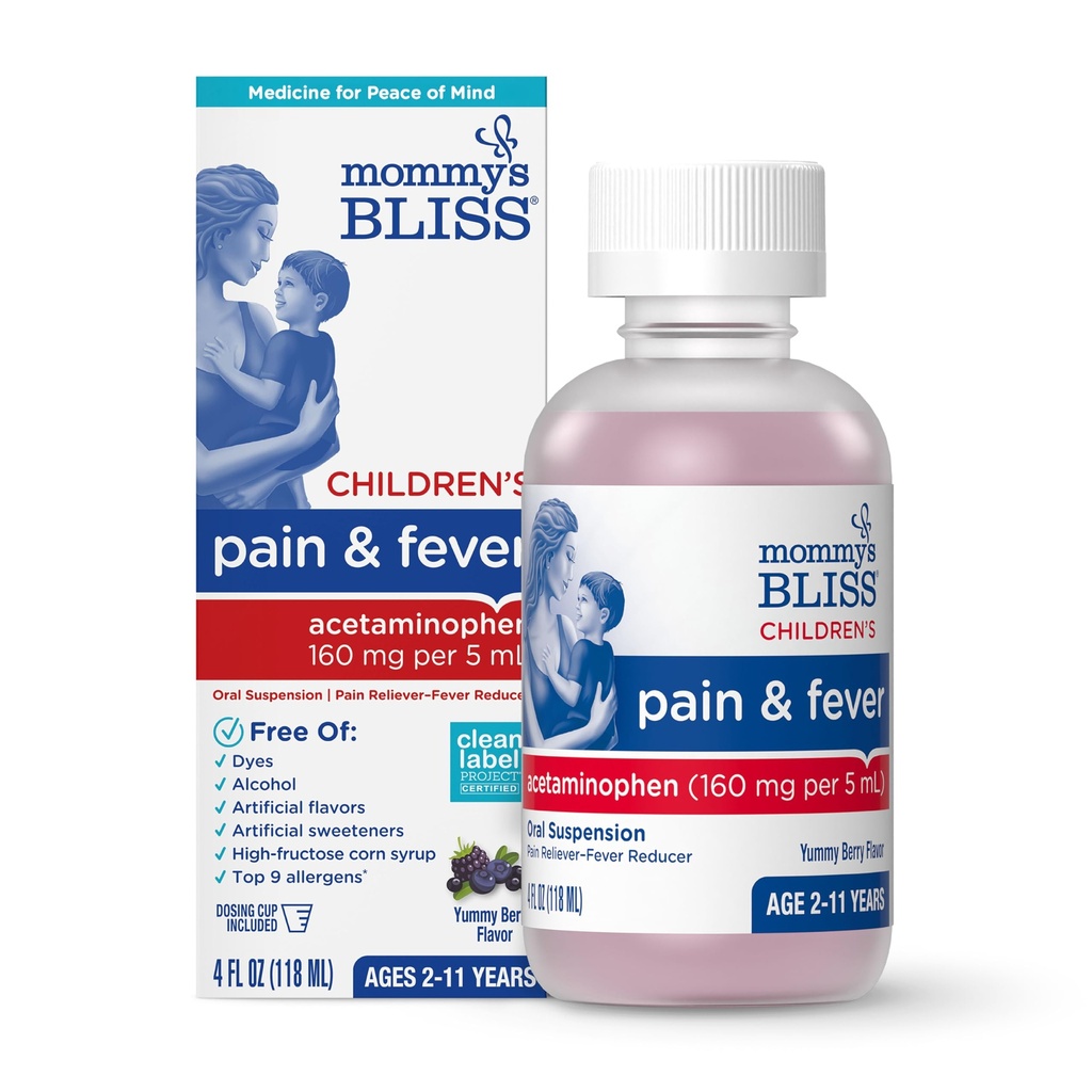 Mamuśka Bless Children 's Pain and Fever Reducer, Dzieci Acetaminofen, Dye Free, Pyszny mieszany aromat jagodowy, Wieki 2 +, 4 Płynne Ounces