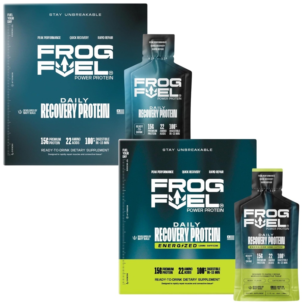 Żaba Paliwo zasilania regularny & Power Energized Kompletny zestaw protein Shot, 15 g Białko Nano- hydrolizowane trawa fed Collagen, Post Workout, Fat & Sugar Free, 22 Amino Acids, Berry, 1 oz Pakiety, 48 Pack