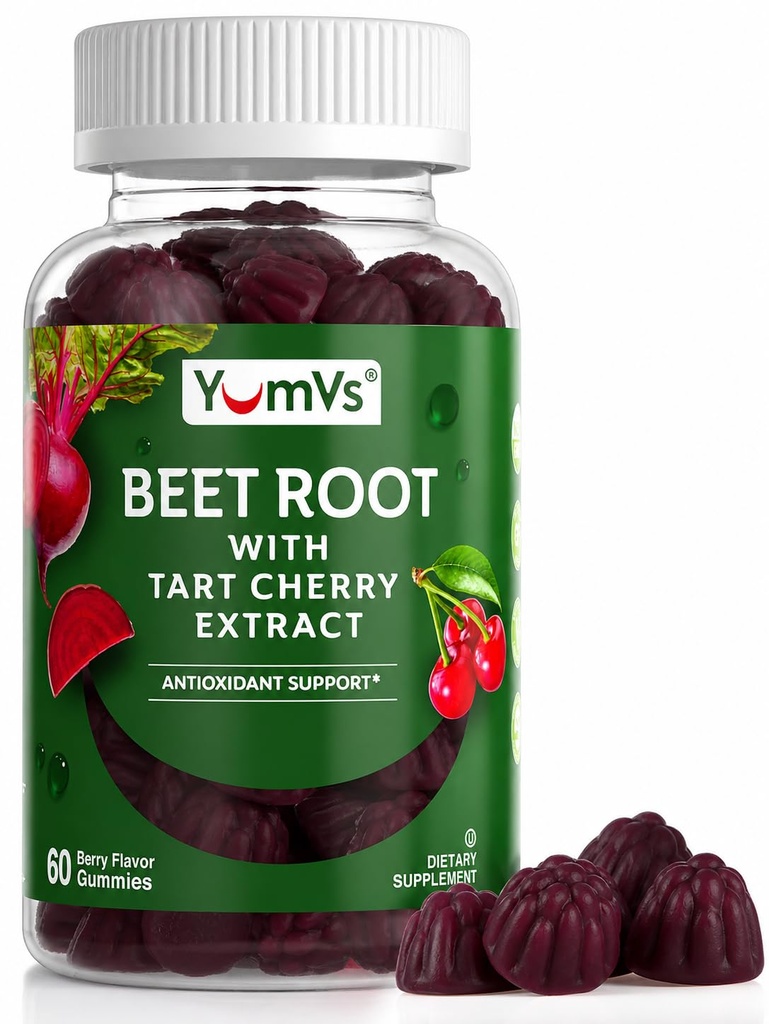 YUM- V 's Beet Gummies korzeniowe z Tart Cherry Extract - Berry Flavor Beetroot Gummies - Beet Chews for Blood Circulation and Antioksydant Support - Red Beets Gummies (Berry 60 Count (Pack of 1)