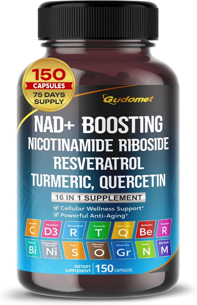 NAD + Zwiększenie trans- Resveratrol Turmeric Quercetin Rosemary Bilberry Sage Zielona herbata Oregano Nettle Milk Thistle Black Pepper -150 Capsules - Made in USA
