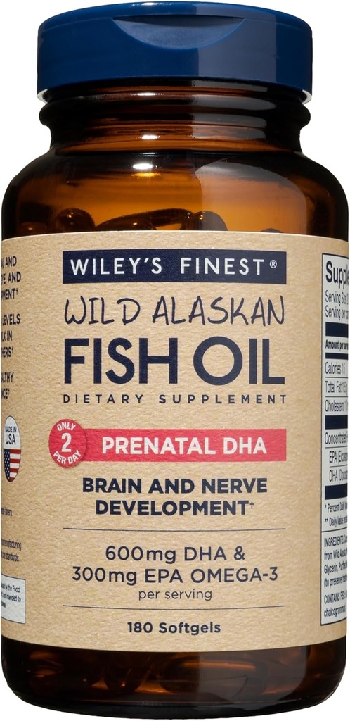Wiley 's Finest Wild Alaskan Fish Oil Prenatal DHA - 900mg EPA i DHA Omega- 3 dla kobiet w ciąży i matek karmiących - 180 Softgels (90 Prenatal witaminy Servings)