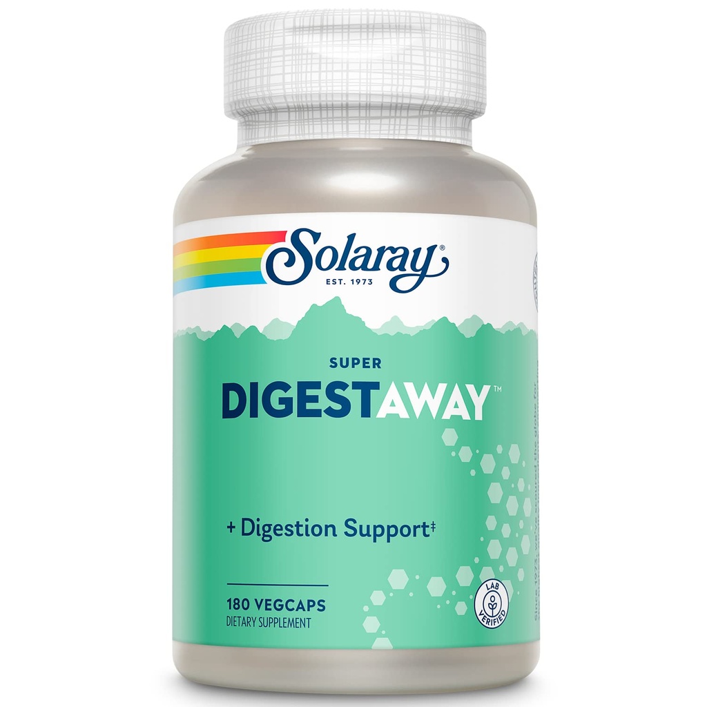 SOLARAY Super Digestaway Digestive Enzymy - Pancreatin, Papain, Ginger, Pepsin, Betaine HCl, Aloe Vera, i więcej - Pokarm i odżywczy Wchłanianie Wsparcie - Laboratorium zweryfikowane - 180 VegCaps