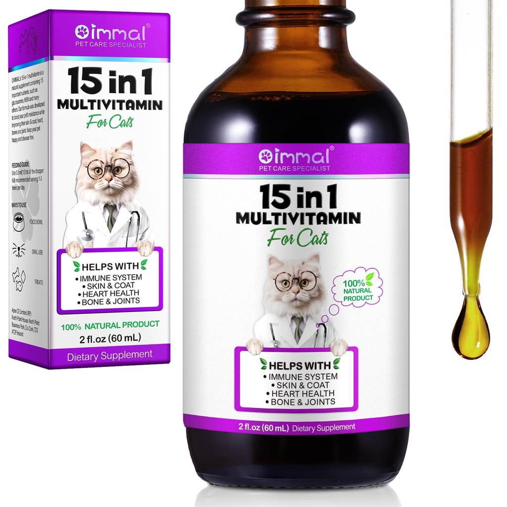Cat Vitamins, 15 in 1 Cat Multivitamin Liquid Drops, Cats Vitamins and Supplements with Glucosamine and Probiotics, Vitamin for Cats Skin Coat, Immunity, Gut Digestion, Joint, Heart, 60ML