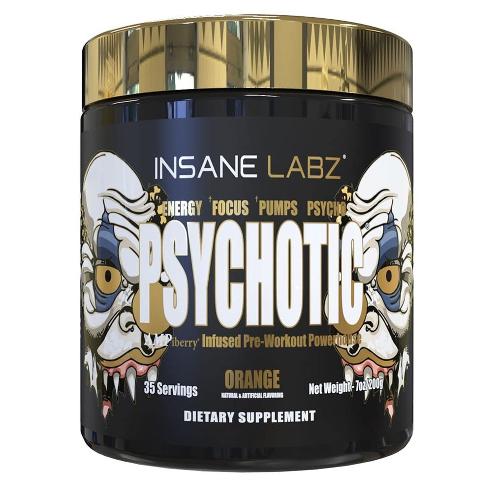 Szalony Labz Psychotic Gold, Wysoki Stymulant pre Workout Powder, Extreme Lasting Energy Focus, Pompy i Endurance z Beta Alanine, DMAE Bitartrate, NO Booster (35 Służenie, Pomarańczowy)