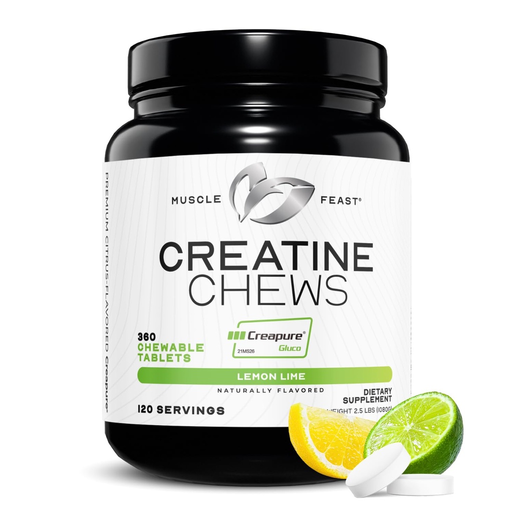 Mięśnie Uczta Kreatyna Jednowodzian Chewables - Wegan & Gluten- Free Creapure Creature Chews for Men & Women - Pyszne Citrus-Flavored Creatine Tablets for Muscle Building - Lemon Lime, 360 Tabs
