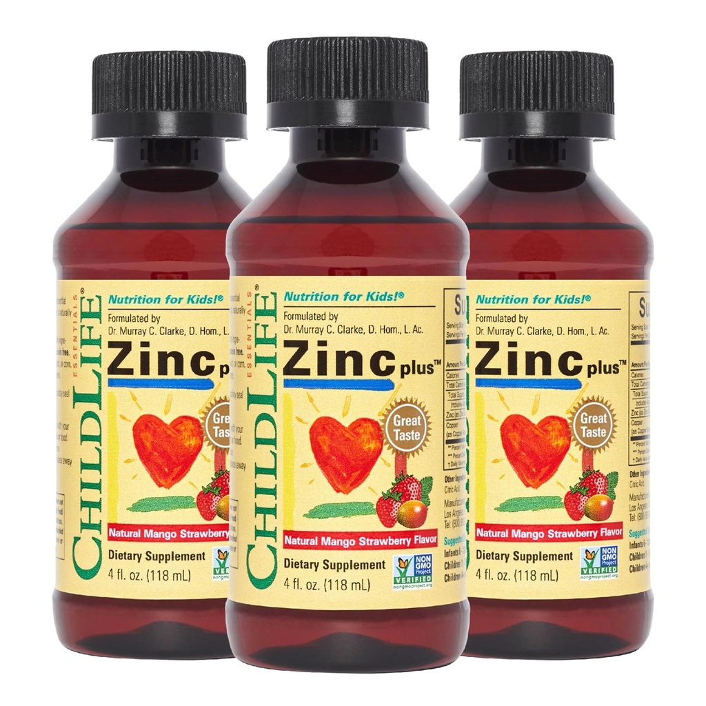 ChildDLIFE ESSTENTIALS Liquid Cynk Plus dla dzieci i Toddler - Płynny suplement krople, Glukonian cynku i miedzi dla wsparcia immunologicznego - Mango Truskawka, 4 Fl Oz (Opakowanie 3)
