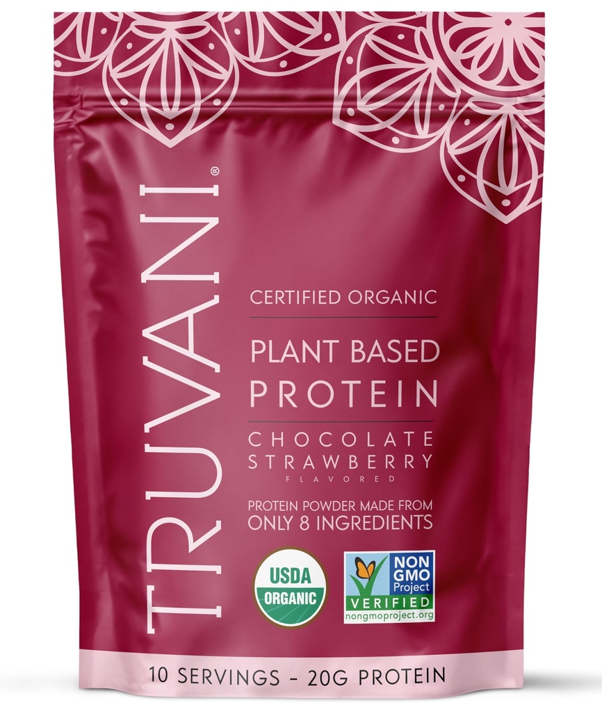 Proszek Truvani Vegan Pea Protein 124; Czekolada truskawka 124; 20g Organic Plant Based Protein 124; 10 Służenia 124; Keto Nether124; Gluten & Dairy Free 124; Niskie węglowodory 124; Nie dodano cukru