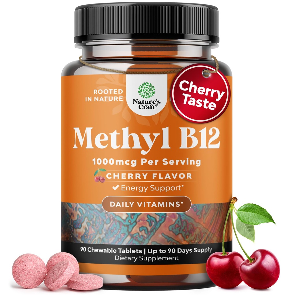 Witamina do rozgryzania i żucia B12 1000 µg - Metylowana witamina B12 Vegan dla wsparcia mózgu Natural Energy - Bone Health Eye Care and Mood Boost with Hair Skin and Nails Halal Vitamin