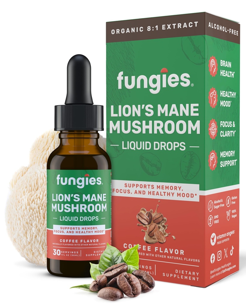 Fungies Lion 's Mushroom Mane Płynne krople, Kawa - nalewka z Lions Mane Extract obsługuje mózg mgły, Focus, Pamięć i zdrowy nastrój - Mushroom Complex Suplement dla dorosłych - 30 Służenia