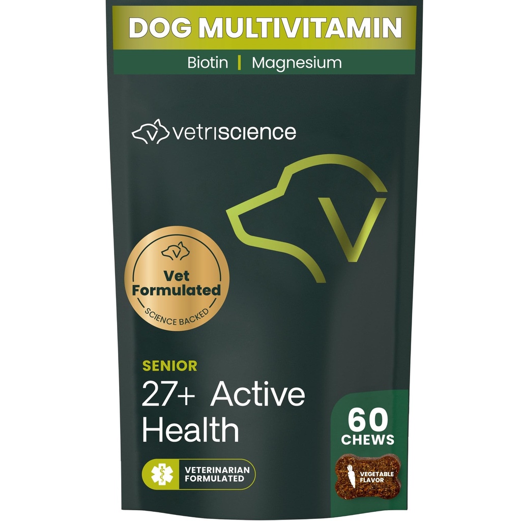 VetriScience Senior 27 + Active Health Chews, Canine Plus Daily Multivitamin dla Senior Dogs, Zbalansowane witaminy, minerały i przeciwutleniacze, Healthy Aging and Wellness Support, Veggie, 60 Count