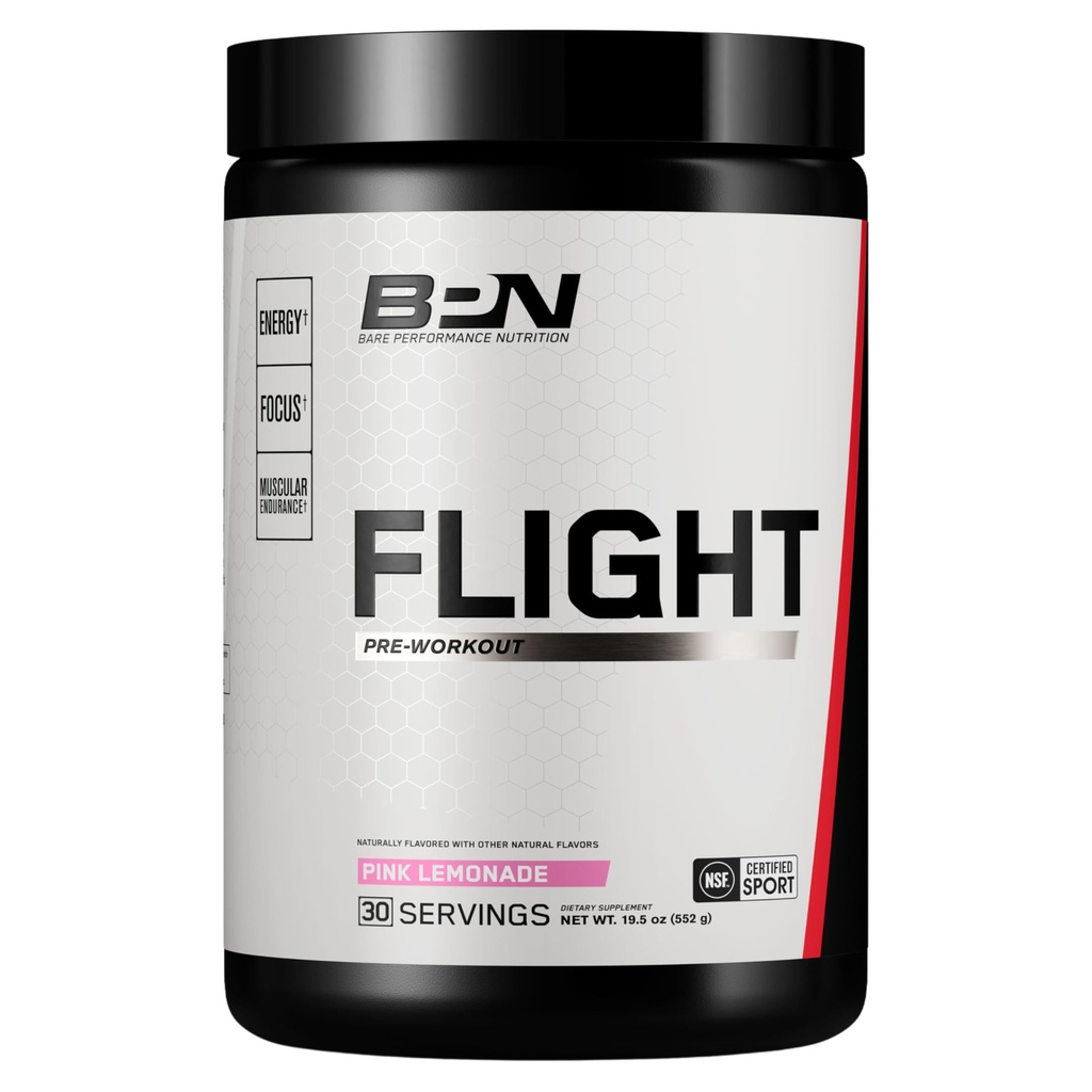 BARE WYMOGI NUTRYFIKACJI BPN Flight pre practikout, Wspiera energię i koncentrację psychiczną, Ulepszony Endurance & Pompy mięśni z CarnoSyn ® Beta Alanine, Różowa Lemoniada, 30 Służenie