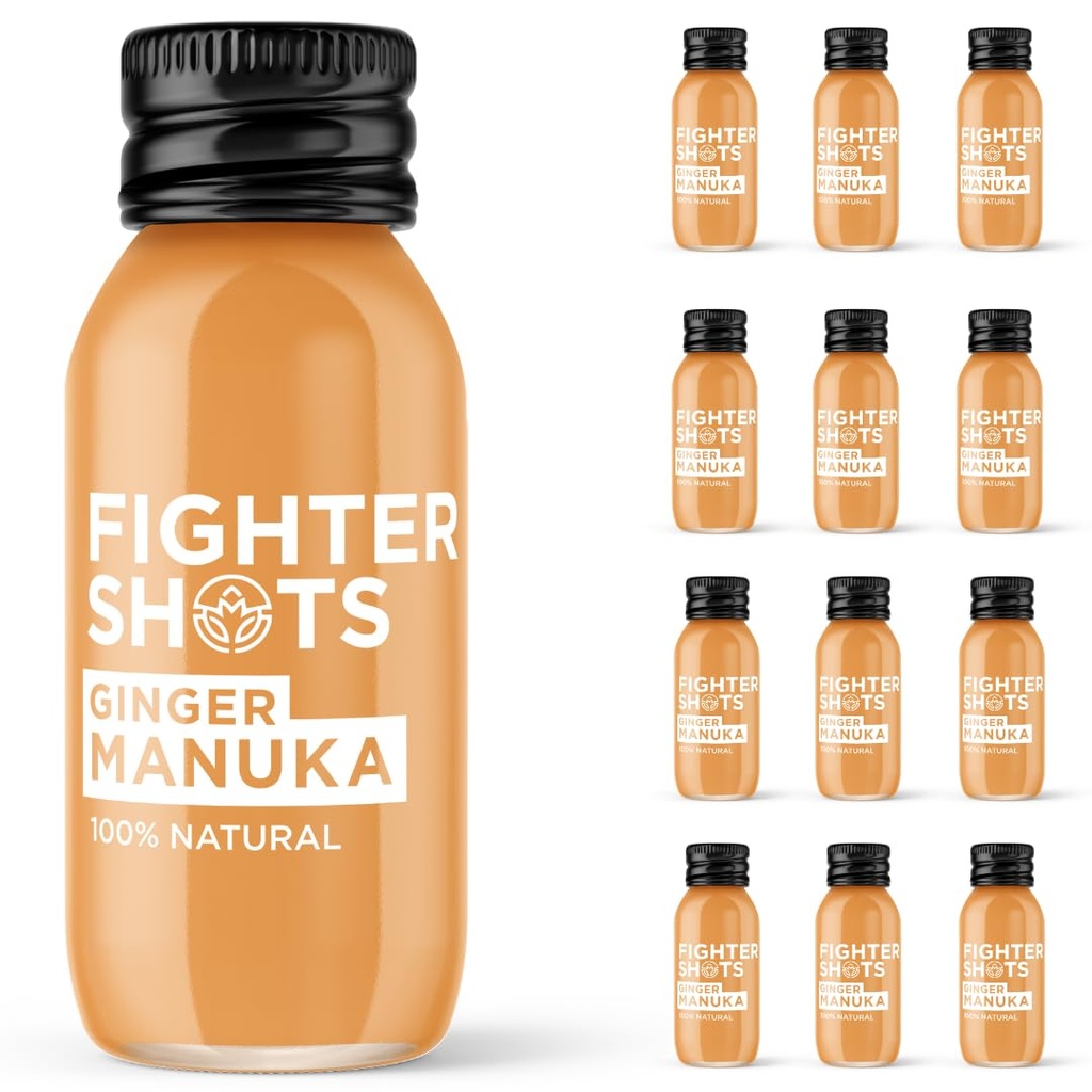 Fighter Shots Ginger Manuka Honey (12x60ml) | Award Winning Fresh & Fiery Ginger Shots | Cold Pressed Ginger Root for Immune Support | Boosts Energy | 100% Natural | No Nasties | A Perfect Pick Me Up