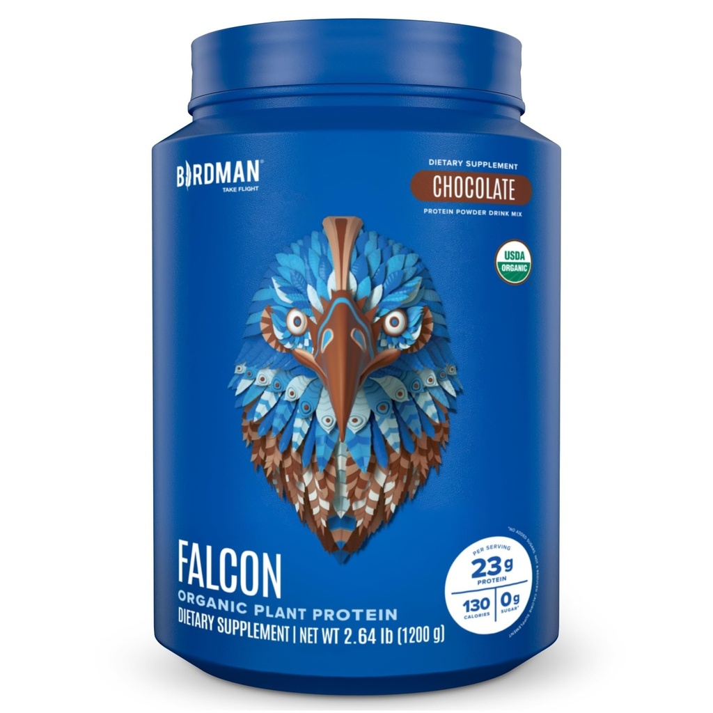BIRDMAN Falcon Vegan Protein Powder Organic, Stevia & Sugar Free, Białko oparte na roślinach, niskie węglowodory, Wolne od mleka, Keto, Białko nieserwatki, Probiotyk, Białko pei 124; Smak czekolady - 37 Służenie - 2.64lb
