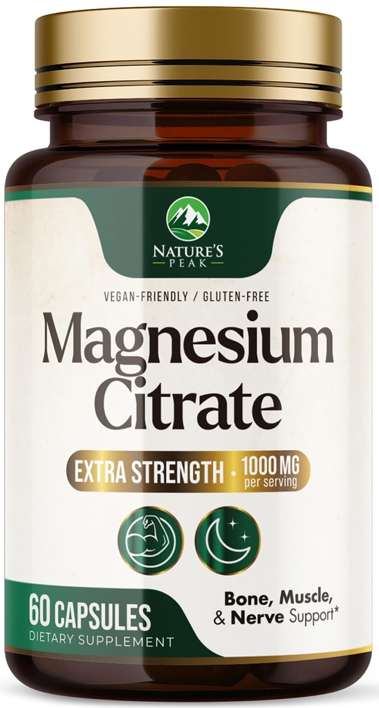 Cytrynian magnezu 1000mg - Wysoka absorpcja Suplement magnezu Wspiera mięśnie, kości, nerwów i serca Zdrowie - Dodatkowa siła Magnesio Complex Pills - Non-GMO, Premium Energy Formuła - 60 Kapsułki