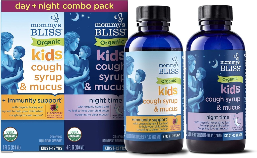 Mamuśka Bliss Organic Cough Syrop & Mucus dla dzieci, dzień i noc Combo Pack z witaminą C i wsparcia odporności, Zawiera organiczny miód i liść Ivy, 4 Fl Oz (Pack of 2)