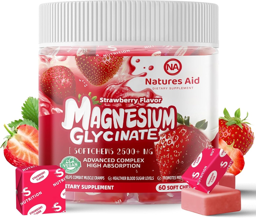 Magnezu Glycinate Soft Chews, Strawberry Flavor. Bezcukrowy Potasu Magnezu żuć z Glycinate magnezu, Witamina D, B6 i CoQ10 dla spokojnego wsparcia i snu dla dorosłych, 60 Dni dostaw