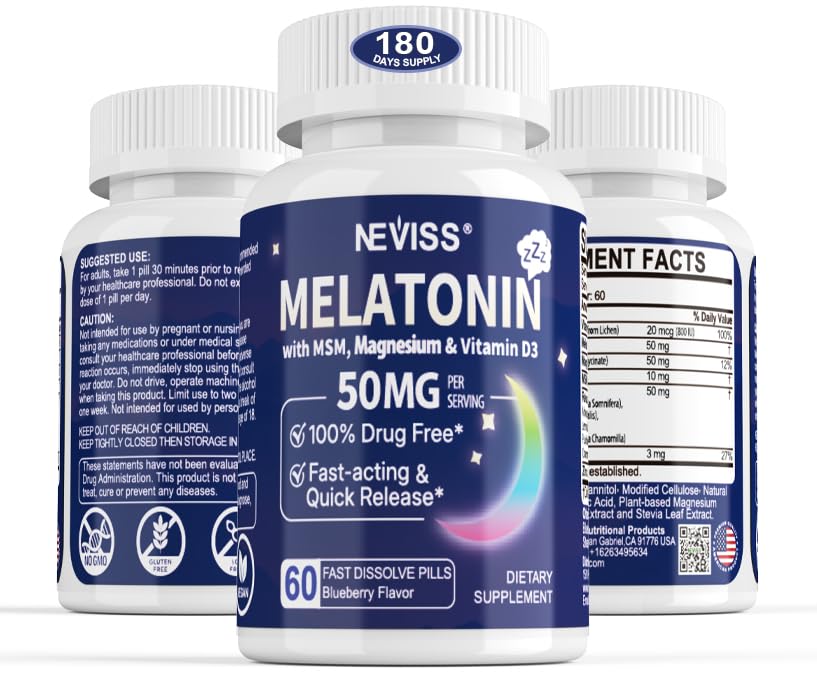 Melatonina 50 mg dla dorosłych - Dodatkowa siła 9- in-1 Szybkie rozpuszczenie podjęzykowe - w / Witamina D3 & MSM, Relaxing Herbal Blend- Ashwagandha, Lemon Balm, Passionflower, Rumianek, Cukier wolny, Wegan 180 Służenie