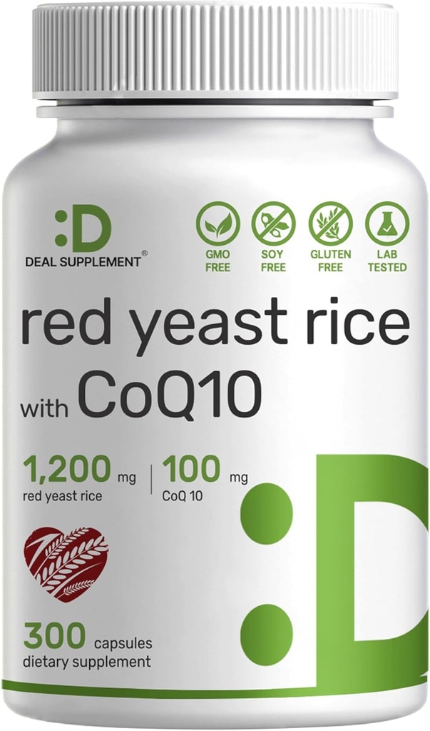 Supplement Deal Red Yeast Rice 1,200mg Per Serving with CoQ10, 300 Capsules - Wsparcie przeciwutleniacze - Czyste Montext Purpureus Powder Source - Citrynin Free, Non-GMO