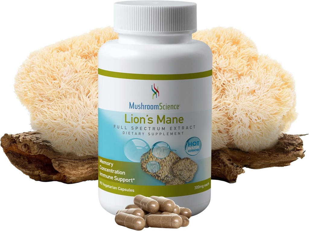 Mushrooms Science Lions Mane Mushroom Kapsułki, Memory & Concentration Support, Full Spectrum Extract, Mushroom Supplement dla dorosłych, Hot Water Extracted Mushrooms, Vegetarian, 300MG, 90