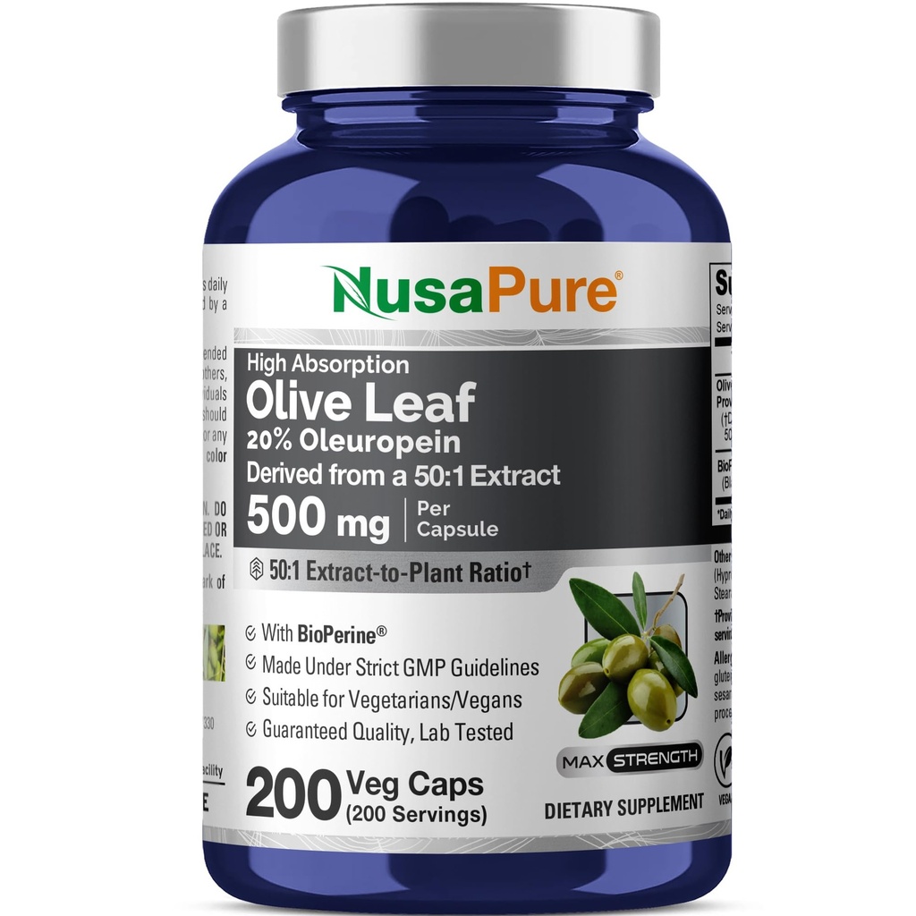 NusaPure Olive Leaf 20% Oleuropein 50: 1 Extract, 500 mg Ekwiwalent do 25,000 mg 200 Veg Caps Nadaje się do wegetarian i wegan, Non-GMO